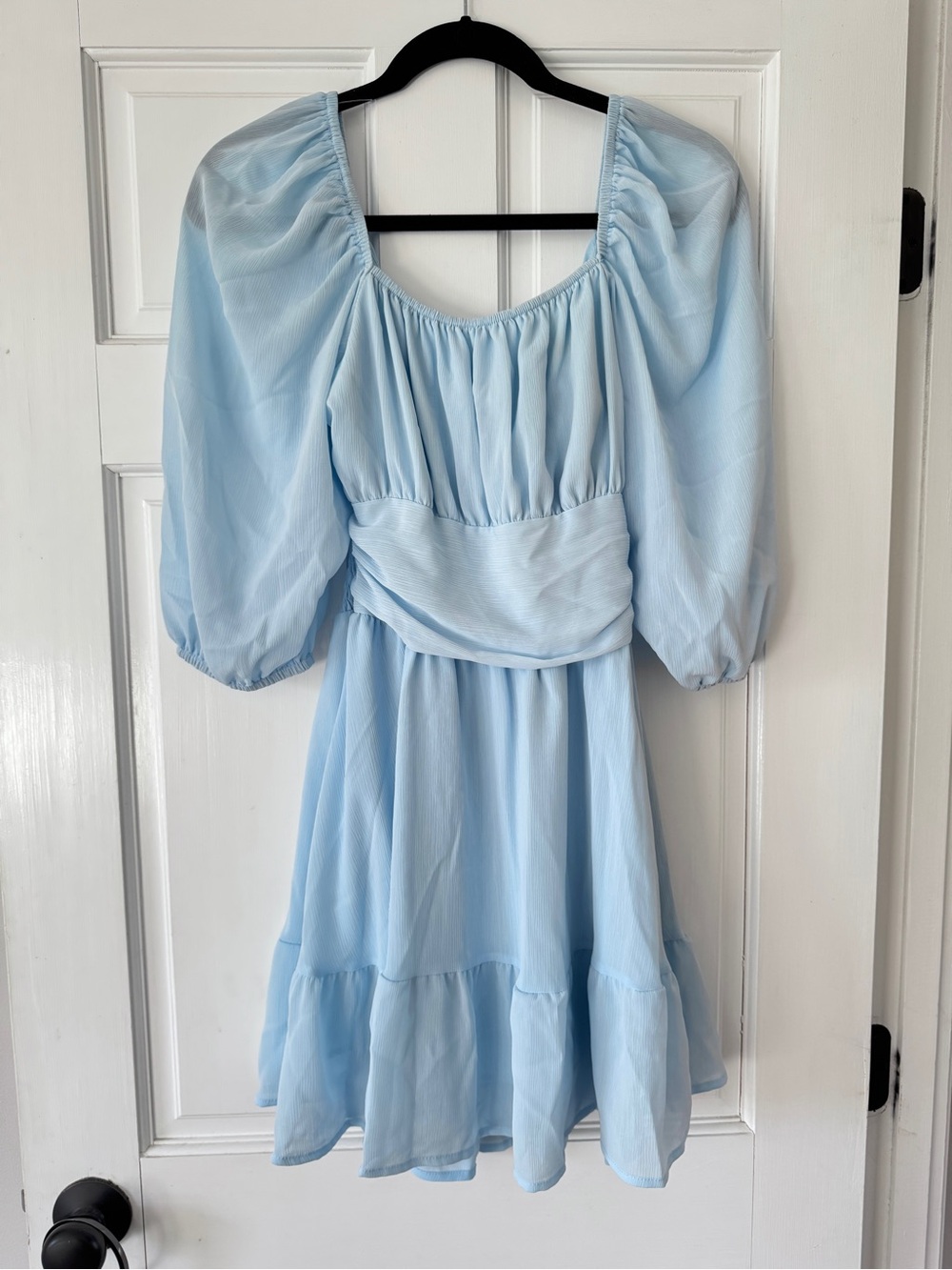Baby Blue Tie Back Smocked Puff-Sleeve Dress
